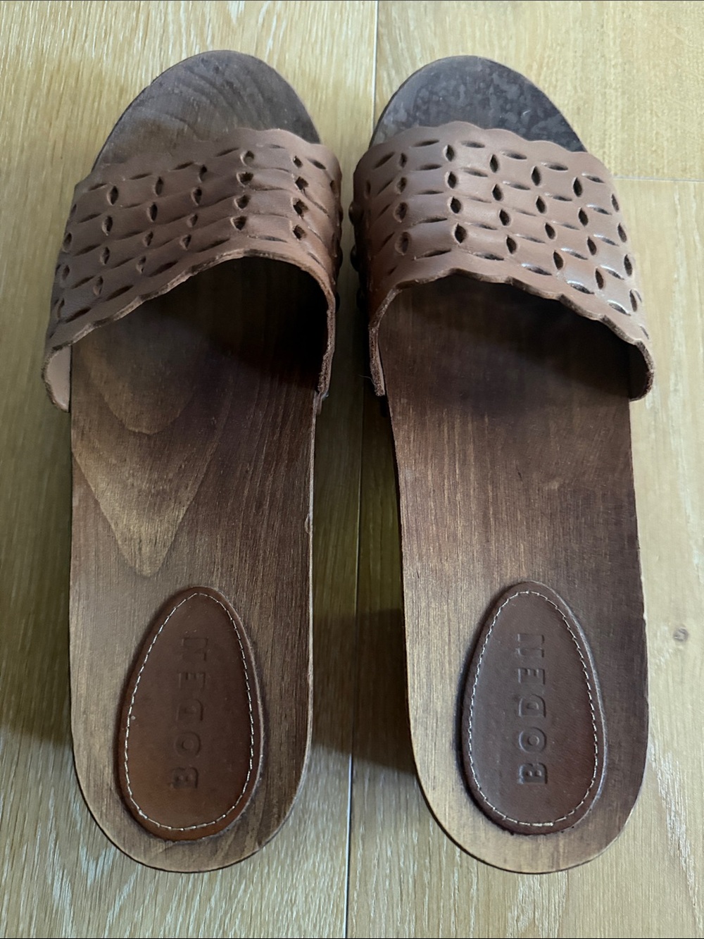 Like new. Boden Brown Leather Slide Mules with Laser-Cut Strap